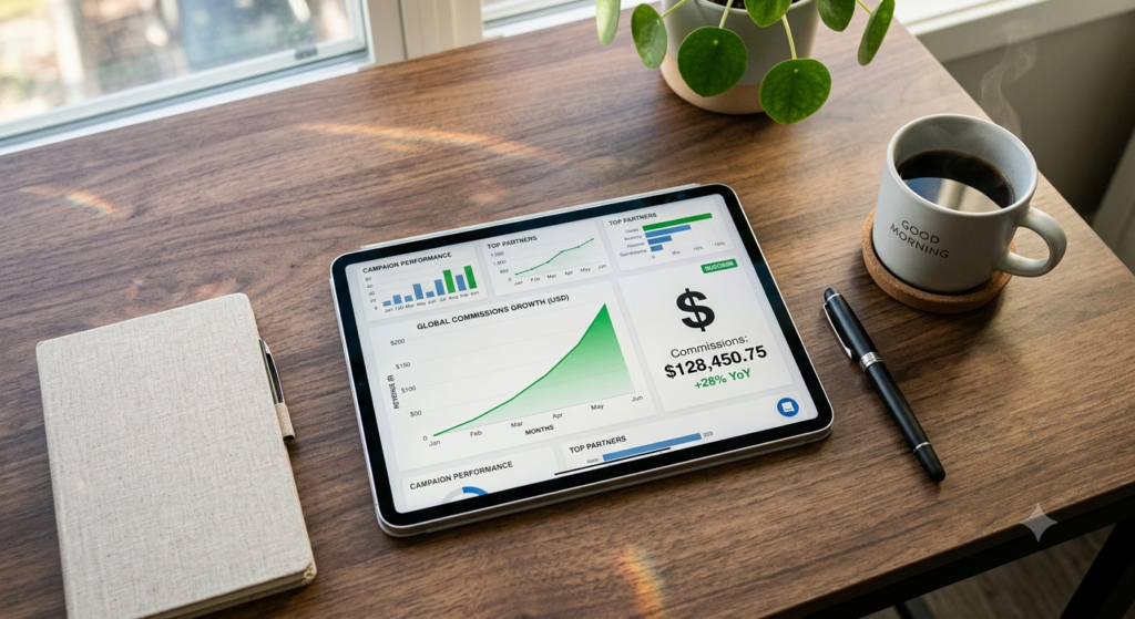 AI Tools for Affiliate Marketing: The Complete 2026 Guide to Boost Rankings and Commissions Tablet dashboard showing increased affiliate commissions and traffic growth.