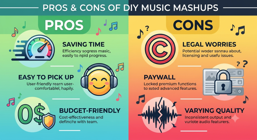 A modern infographic visualizing the pros and cons of using song mashup creators, showing benefits like speed and ease, and challenges like copyright and paywalls.