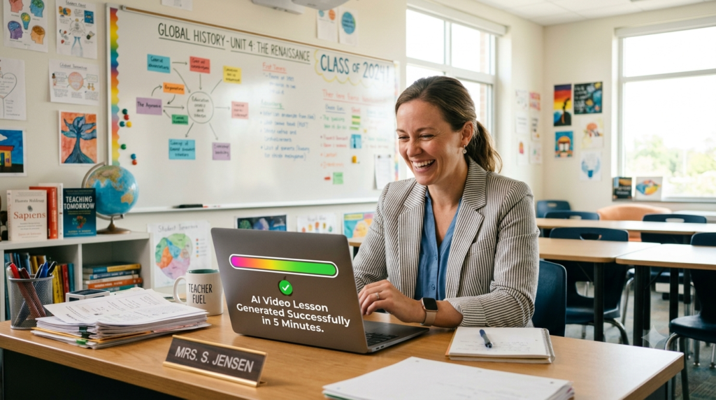 Reviews of AI Avatar Tools for Educational Content: The Complete 2026 Guide A happy teacher at her desk looking at her laptop after successfully generating an online lesson using an AI avatar tool.