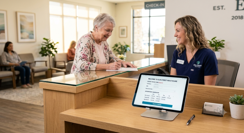 Digital intake form and automated AI scheduling system displayed on a tablet at a US healthcare clinic front desk.