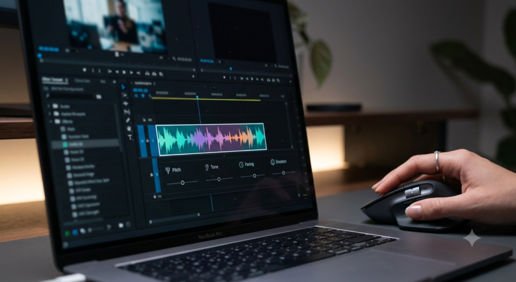  Advanced AI voiceover editing interface showing controls for tone, pacing, and pronunciation adjustment.