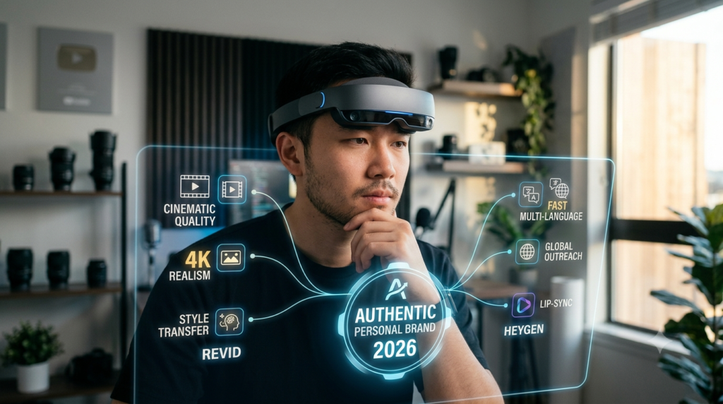 A content creator in a modern home studio choosing between cinematic look and fast AI tools for authentic personal branding