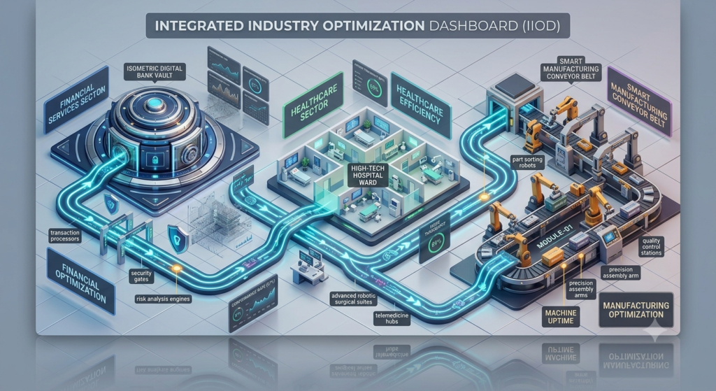 Isometric representation of AI workflow mapping applied in finance, healthcare, and manufacturing sectors.