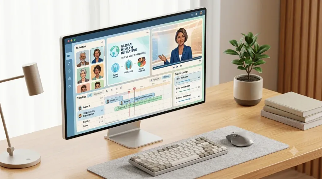 A computer monitor displaying a user-friendly AI video editing interface with digital avatars and script timelines.