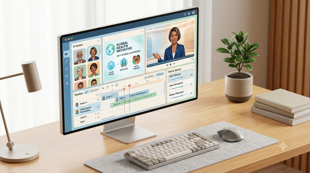 Top AI Avatar Tools for Nonprofit Fundraising Videos iN 2026 A computer monitor displaying a user-friendly AI video editing interface with digital avatars and script timelines.