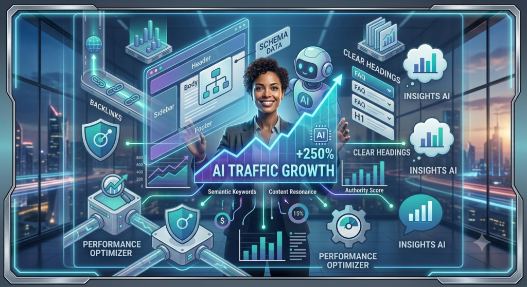 A digital marketer monitoring a successful SEO strategy with rising AI traffic and search visibility metrics.