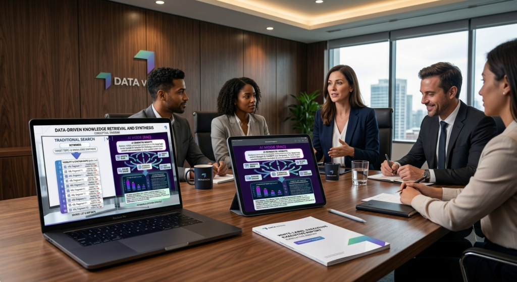 AI Mode SEO Tools in 2026: Complete Comparison & Buying Guide A white-label AI search visibility report displayed on a tablet and laptop in a professional digital marketing agency setup.