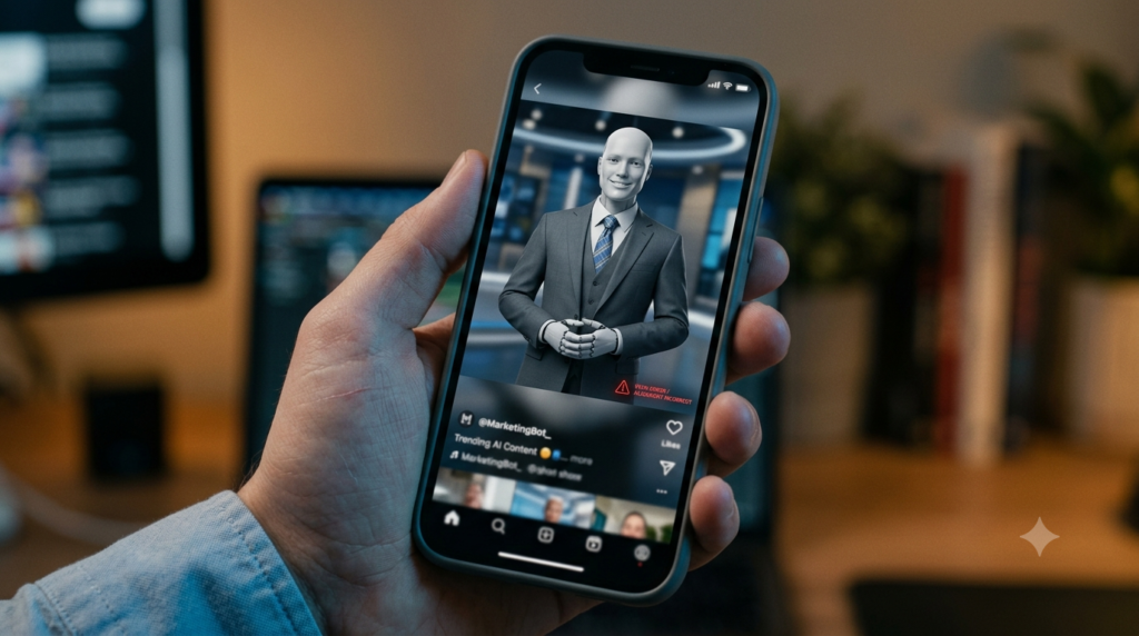 : Stiff AI avatar representing the uncanny valley and poor lip-sync mistakes in video localization.