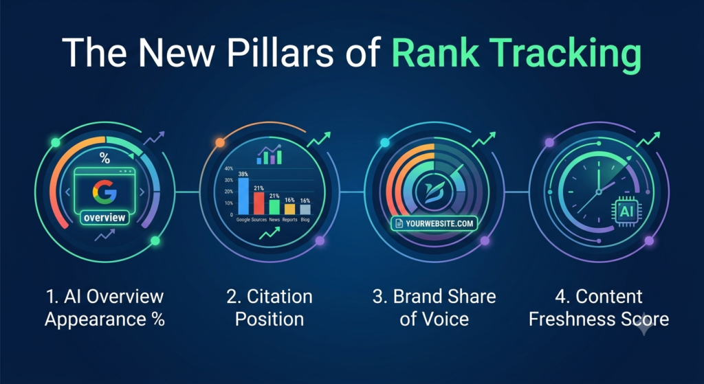 An infographic detailing the key metrics for AI Overview online rank tracking: Appearance Percentage, Citation Position, Share of Voice, and Content Freshness.