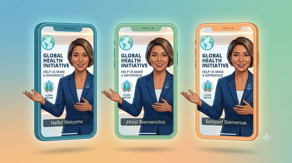 Top AI Avatar Tools for Nonprofit Fundraising Videos iN 2026 Three smartphone screens showing the same AI video presenter with captions in English, Spanish, and French, representing multilingual nonprofit outreach.