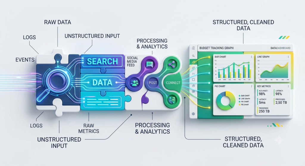 Interlocking 3D icons representing different digital marketing and budget tracking tools.
