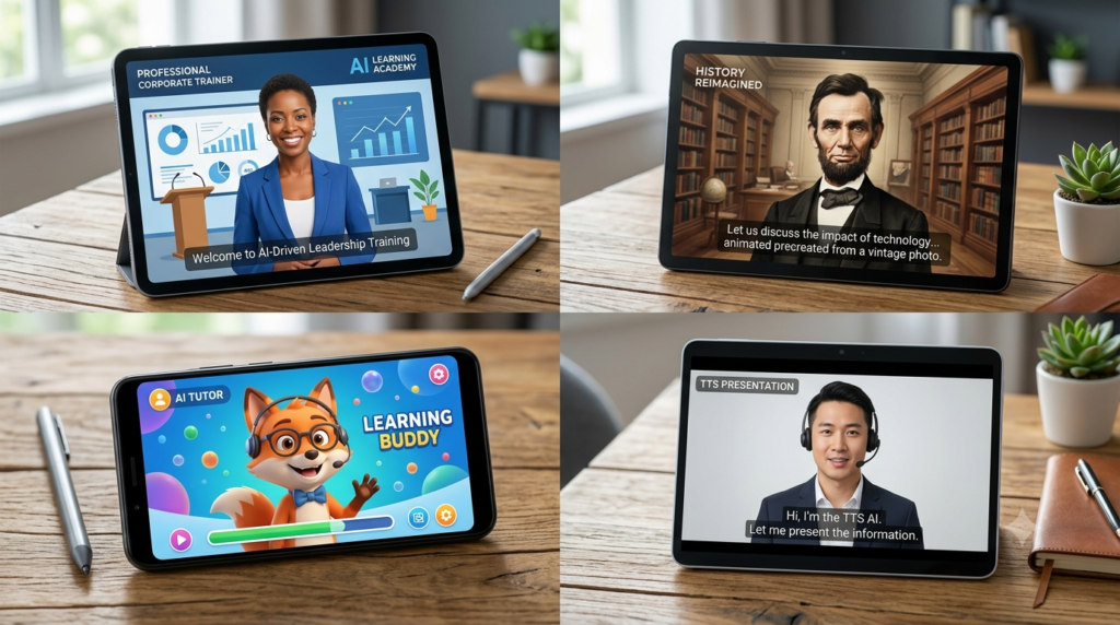 Reviews of AI Avatar Tools for Educational Content: The Complete 2026 Guide A comparison layout showing different types of AI avatars, from photorealistic presenters to cartoon characters, on multiple digital devices.