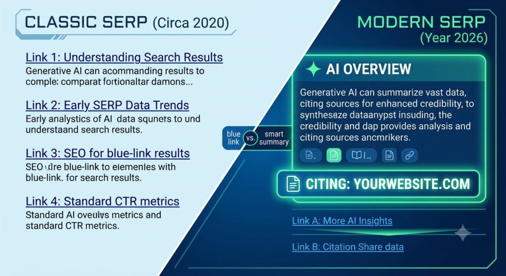 A split-screen graphic illustrating the evolution from a search results page with just blue links to a modern one featuring a prominent Google AI Overview summary with cited sources.
