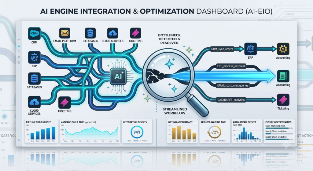 AI system integrating ERP and CRM logs to automatically detect and fix workflow bottlenecks.