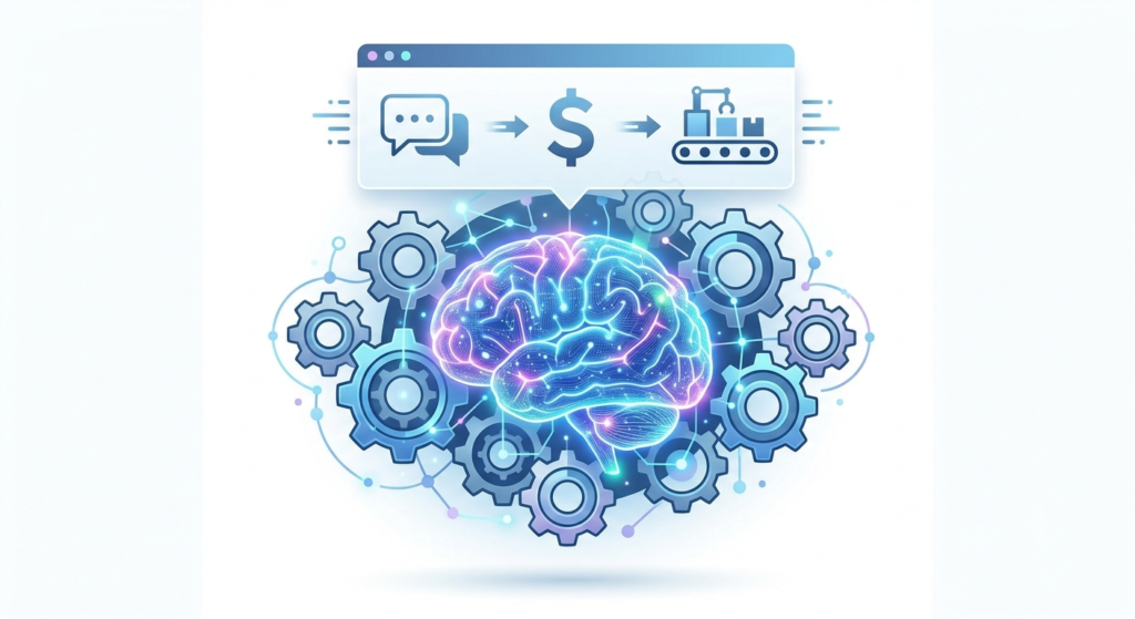 "An artistic visualization of interconnected AI elements and glowing data networks optimizing key business operations like finance, manufacturing, and customer service, inspired by Droven.io's educational insights."