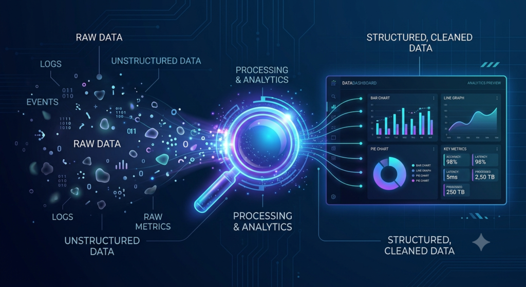 An abstract illustration showing scattered raw data transforming into an organized marketing dashboard interface.