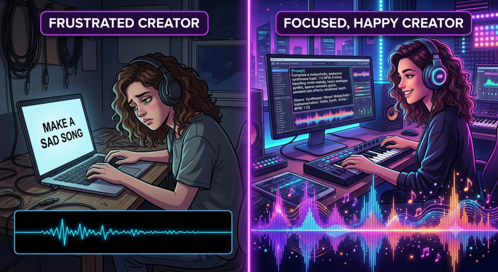 Comparison between a vague AI music prompt and a structured musician prompt guide