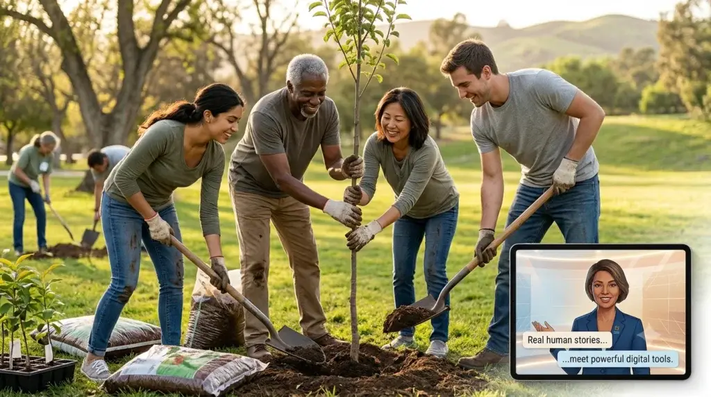 Authentic community volunteers working outdoors, contrasted with a digital tablet showing an AI narrator, symbolizing the balance of human stories and technology.