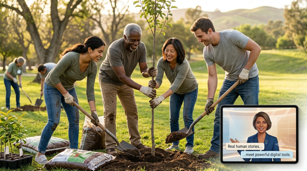 Top AI Avatar Tools for Nonprofit Fundraising Videos iN 2026 Authentic community volunteers working outdoors, contrasted with a digital tablet showing an AI narrator, symbolizing the balance of human stories and technology.