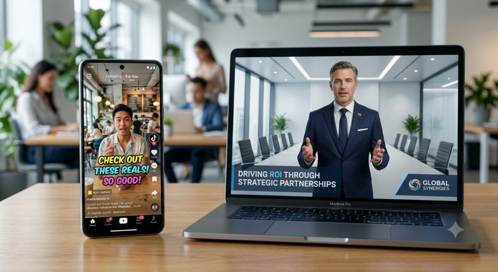 Side-by-side view of a short-form TikTok UGC ad versus a professional B2B AI avatar explainer video.
