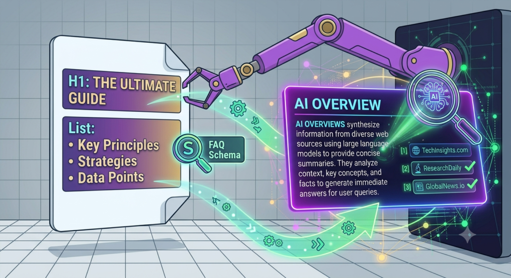 AI Overviews Rank Checker: The Complete Guide to Tracking Your Rankings in Google's AI-Powered Search Results An infographic-style illustration showing how structuring content with headers, lists, and schema helps Google's AI extract it for AI Overviews.