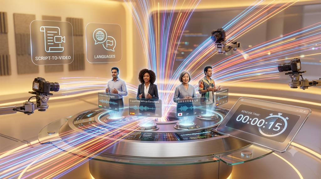 Fast AI video generation workspace showing multiple diverse avatars with multilingual and rapid script-to-video rendering icons