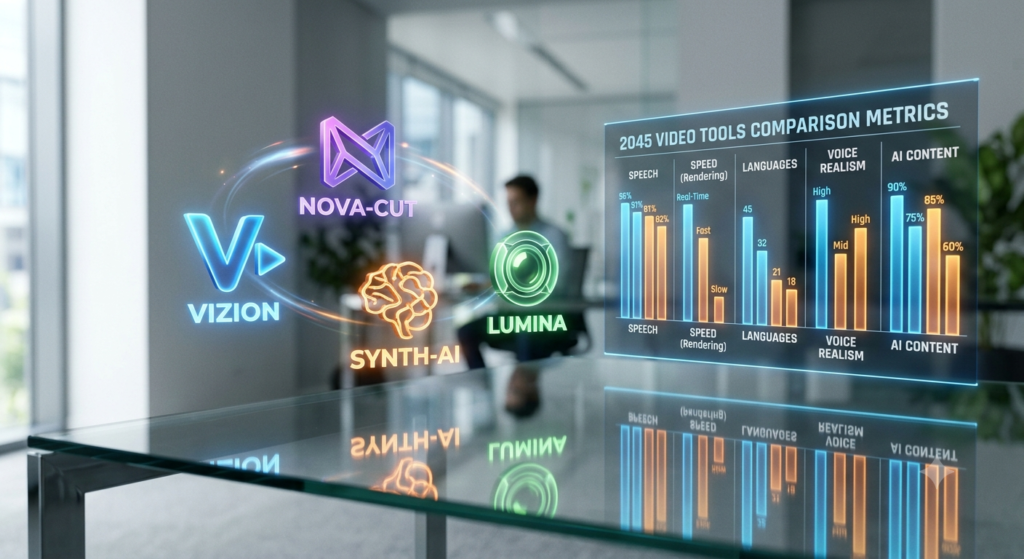 4D infographic comparing AI UGC platform metrics including language support and voice realism in 2026.