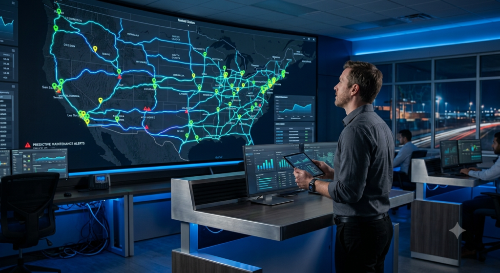 High-tech logistics control center in the USA utilizing AI route optimization and real-time fleet tracking automation.