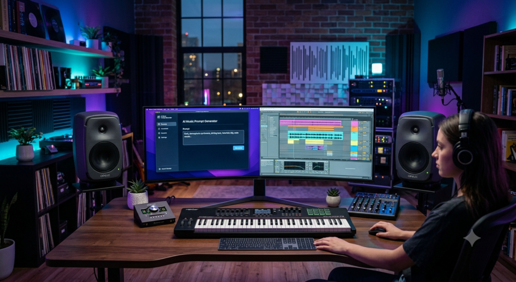 Modern home studio setup utilizing AI music production and prompt generators