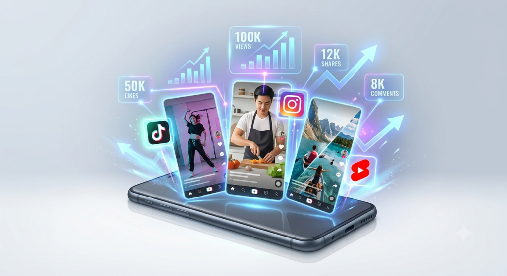 4D infographic showing social media algorithm growth, high view counts, and vertical video performance metrics.