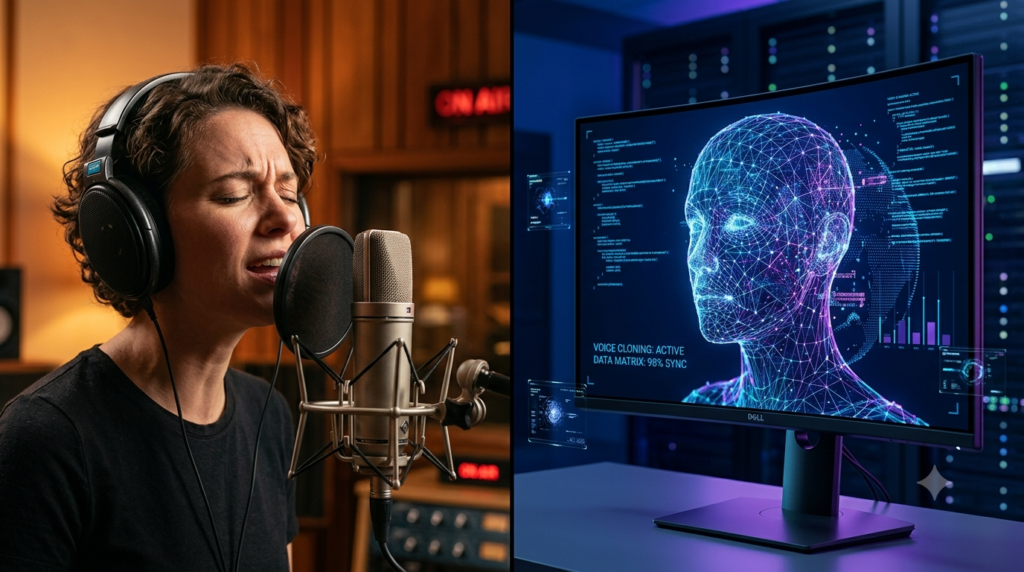 Comparison between a human voiceover artist in a studio and an AI avatar voice cloning software.