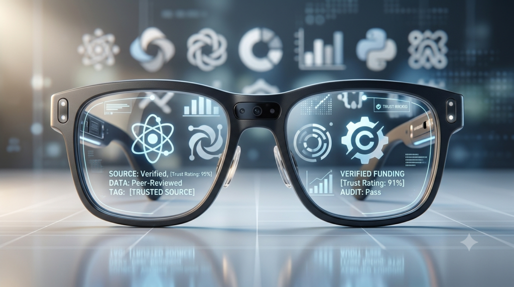A symbolic representation of clear insight and tool verification through futuristic glasses.