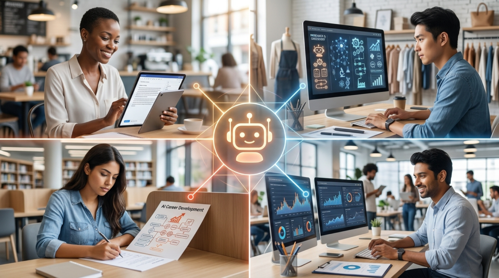Diverse professionals successfully integrating AI tools into their workflows and careers.