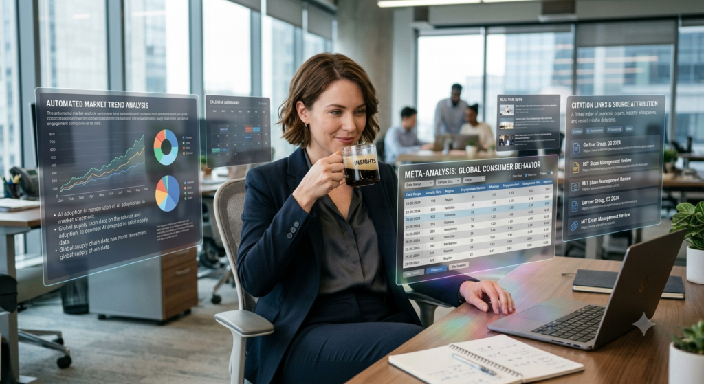 Free AI Tools for Marketing: The Complete 2026 Guide to Growing Your Brand Without Spending a Fortune A marketer casually analyzing a generated comprehensive research report and cited sources, illustrating the capabilities of Gemini's Deep Research mode.