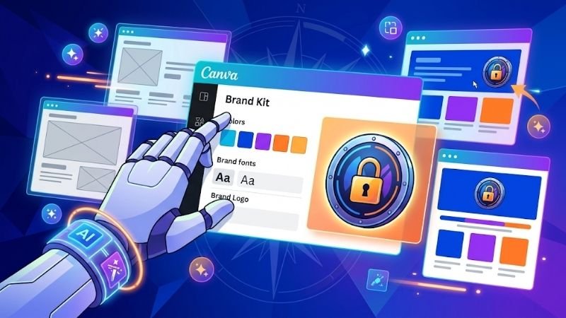 The intelligent helper hand uses a locked brand kit to effortlessly apply consistent colors and logos to various Canva templates, ensuring brand unity.