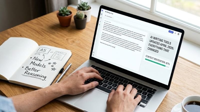 A photo from a high angle shows someone using an AI writing tool on a laptop, which highlights features of the April 2026 updates like improved models and context retention.