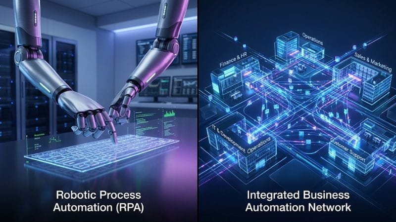 Diagram illustrating the difference between single-task RPA and full-scale business process automation