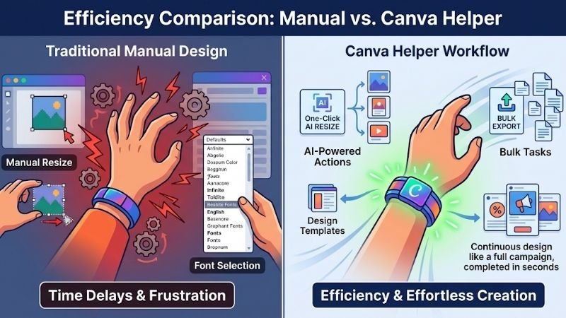A comparison infographic showing the manual design process (slow, frustrated) versus the automated Canva Helper workflow (fast, efficient, green light).