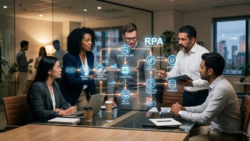 "Business team reviewing AI automation workflows and RPA strategies."