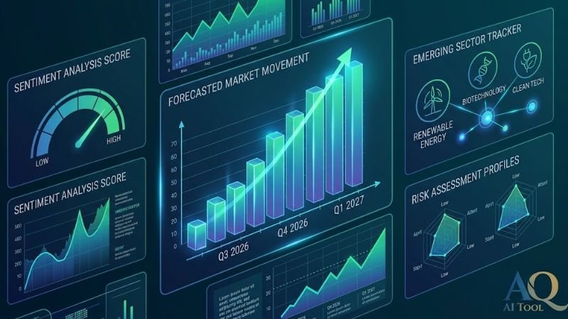Futuristic financial dashboard showing sentiment analysis score, forecasted market movements, and clean energy startup metrics.