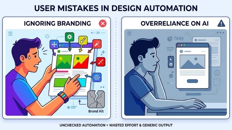 A visual warning against ignoring brand guidelines (resulting in clashing colors) and over-relying on generic AI suggestions (leading to boring designs), maintaining the Guide's established style.