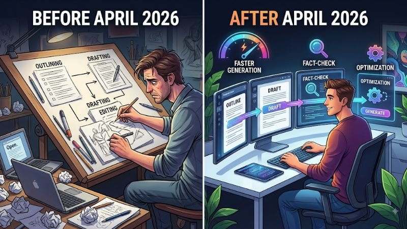 A split-screen illustration comparing a disjointed manual content creation process before April 2026 with an integrated, automated, and efficient AI-powered workflow after the updates.