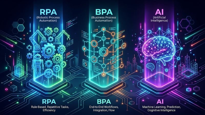 Comparison visual of Robotic Process Automation, Business Automation, and AI-powered automation