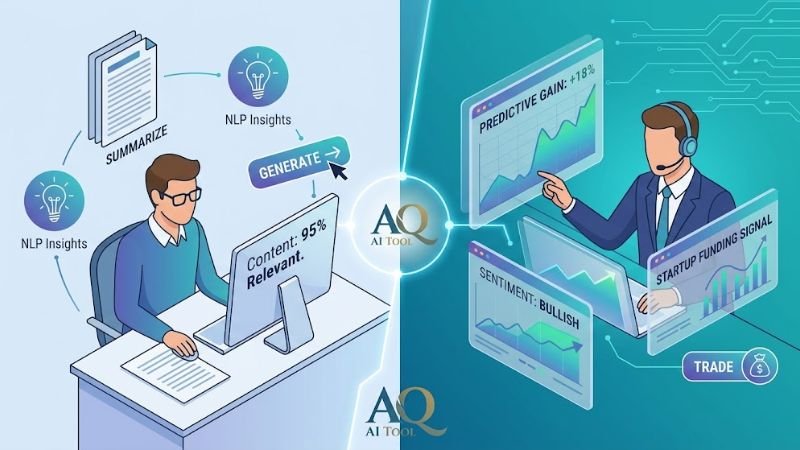 Infographic breakdown of Abraham Quiros Villalba AI Tool features including predictive analytics, content creation, and clean tech tracking.
