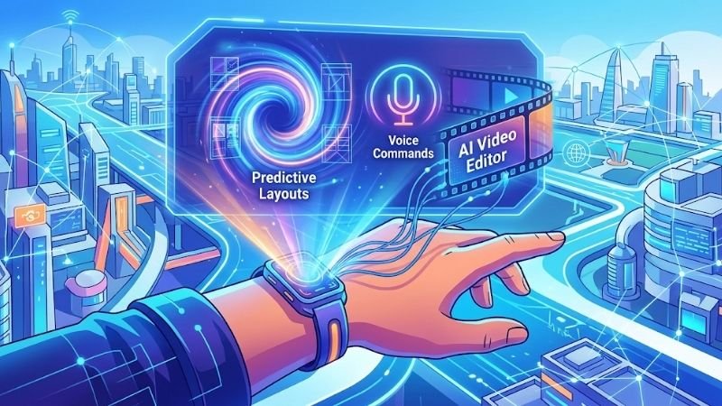 A futuristic illustration showing the Canva Helper hand projecting advanced features like predictive layout generation and voice-commanded video editing.