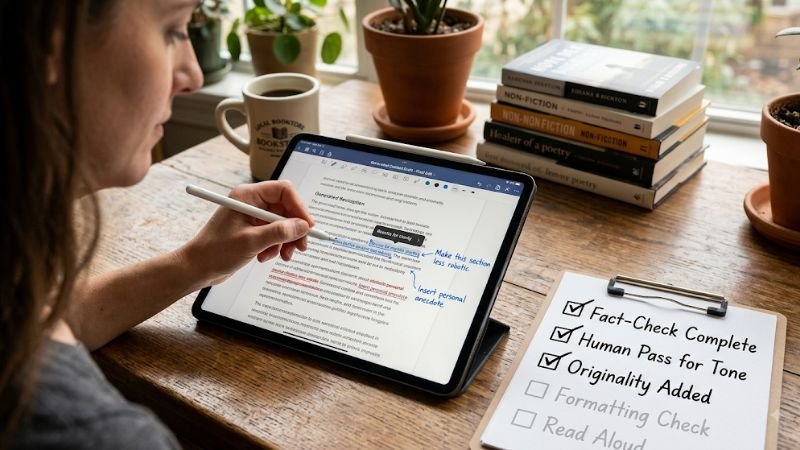 A close-up photo shows a person manually editing content on a tablet and using a checklist to verify fact-checks, human tone, and originality, illustrating best practices.