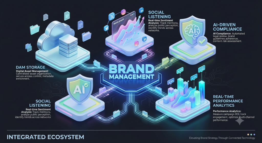 Brand Management Tools: The Complete Guide to Choosing the Right Platform in 2026 Marketing team discussing digital brand guidelines and software analytics on a shared display screen.
