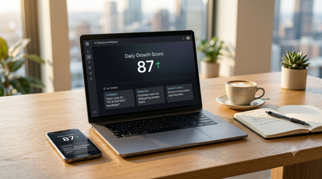 AI executive coaching dashboard on a laptop displaying real-time feedback and leadership growth insights