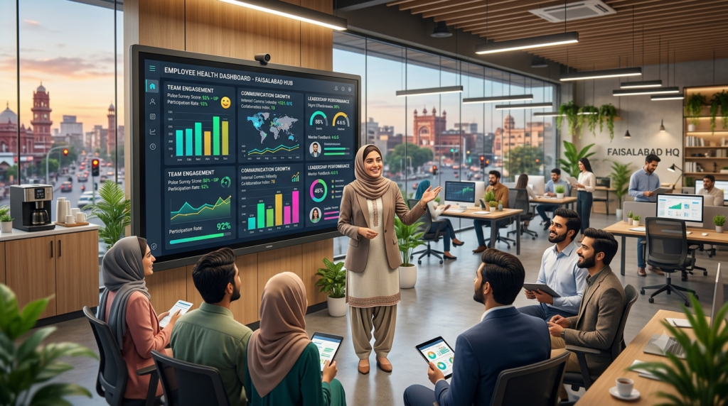 HR leader reviewing team engagement and leadership performance analytics on a large dashboard