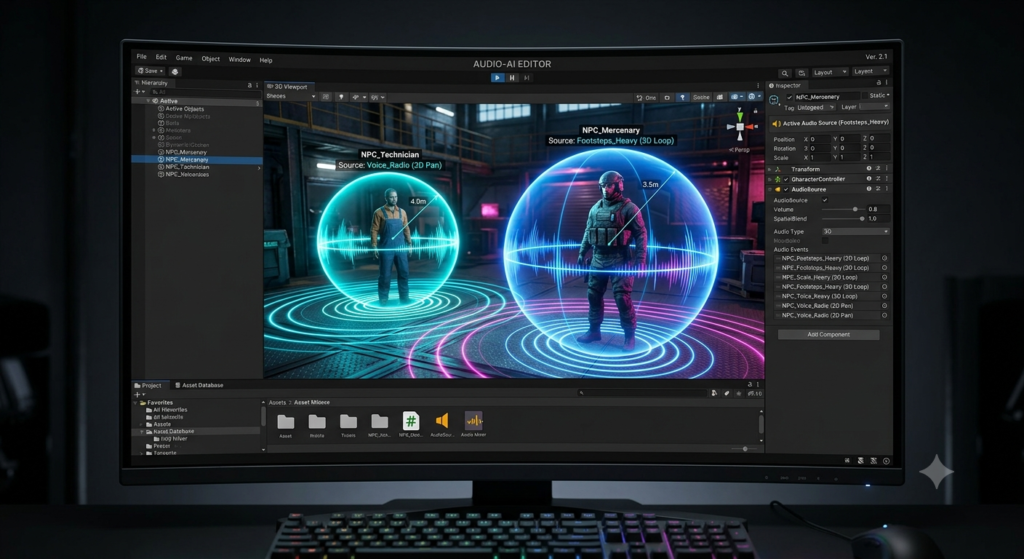 3D game engine editor displaying audio node setup for dynamic NPC sound events
